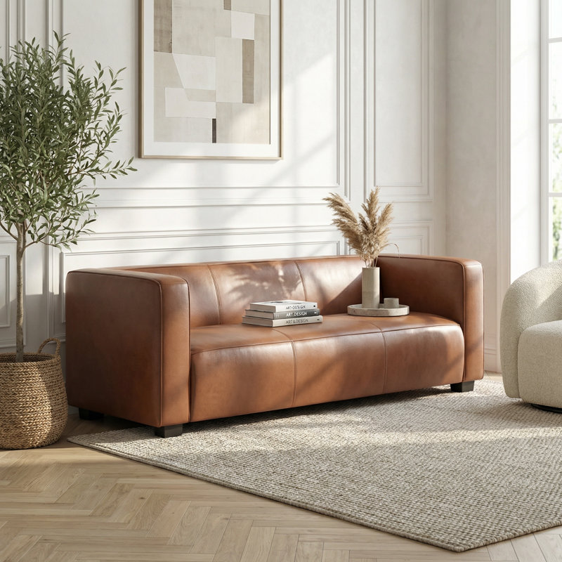 Modern Leather Sofa - Three Seater Living Room Couch with Plush Cushions and Solid Wood Frame