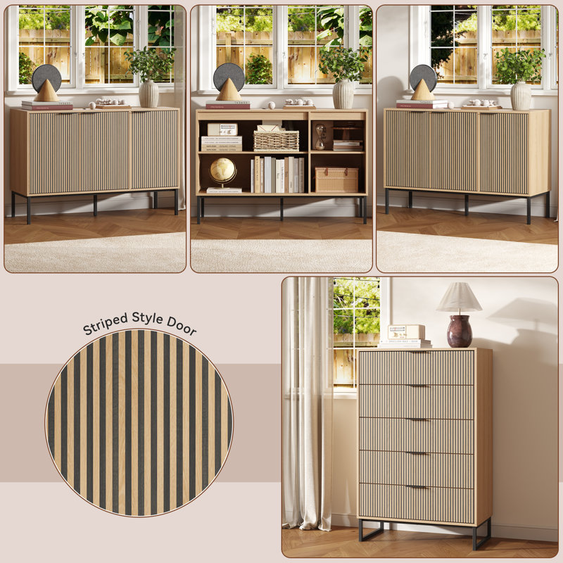 Farmhouse 2 Pieces Bedroom Set, 5 Dresser Tall Chest and Storage Cabinet