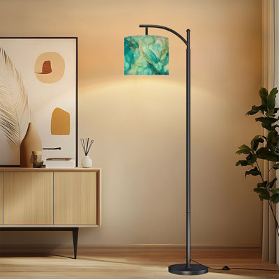 Lampe sur pied à arc avec abat-jour réglable Pastel cyan menthe liquide marbré aquarelle lignes dorées brossé lampe sur pied 3 températures de couleur à intensité variable haute lampe sur pied avec interrupteur au pied pour la chambre à coucher