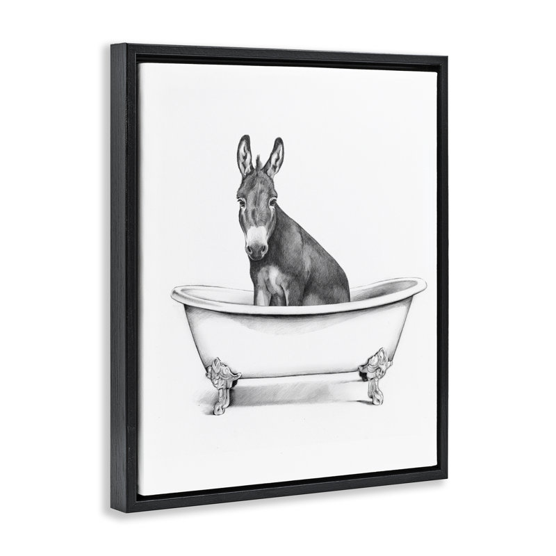  «Antique Tub with Donkey», art mural encadré flottant par Victoria Borges, H 21 po x l 17 po, Cadre flottant noir de jais