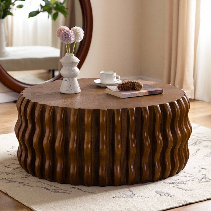 Table basse ronde ronde à tambour, centre Mid-Century circulaire avec piédestal robuste pour le salon et la chambre à coucher