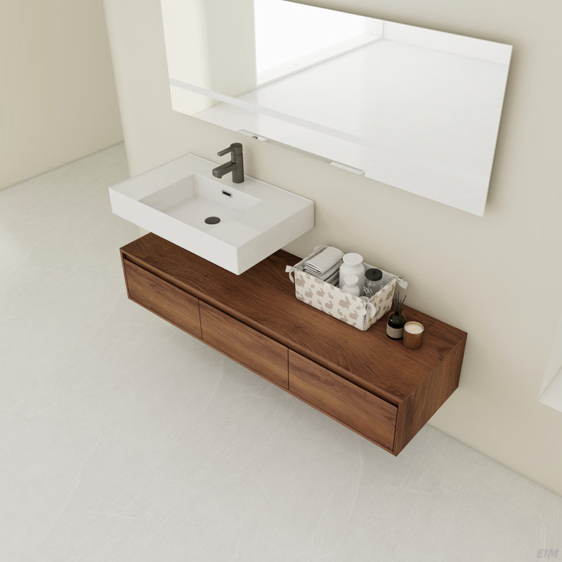 Meuble-lavabo mural de 60 po avec lavabo en résine, tiroir à fermeture en douceur et fixation flottante, Brun ébène