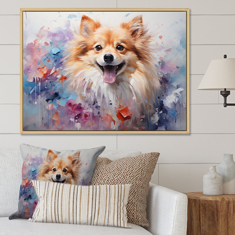 Poméranien Poise sur toile, H 16 po x l 32 po x P 1 po, Cadre flottant blanc