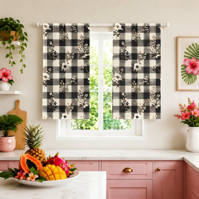 2Pcs Buffalo Plaid Curtains with Floral Print, Light Filtering Fabric, Farmhouse Style for Living Room, Bedroom, Cafe Home Decoration