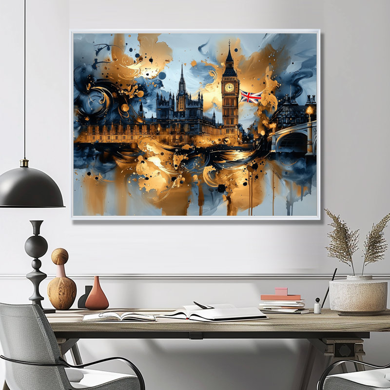 London Big Ben Glow On Gold IV - art mural de Londres, H 34 po x l 44 po, Impression encadrée flottante sans passe-partout