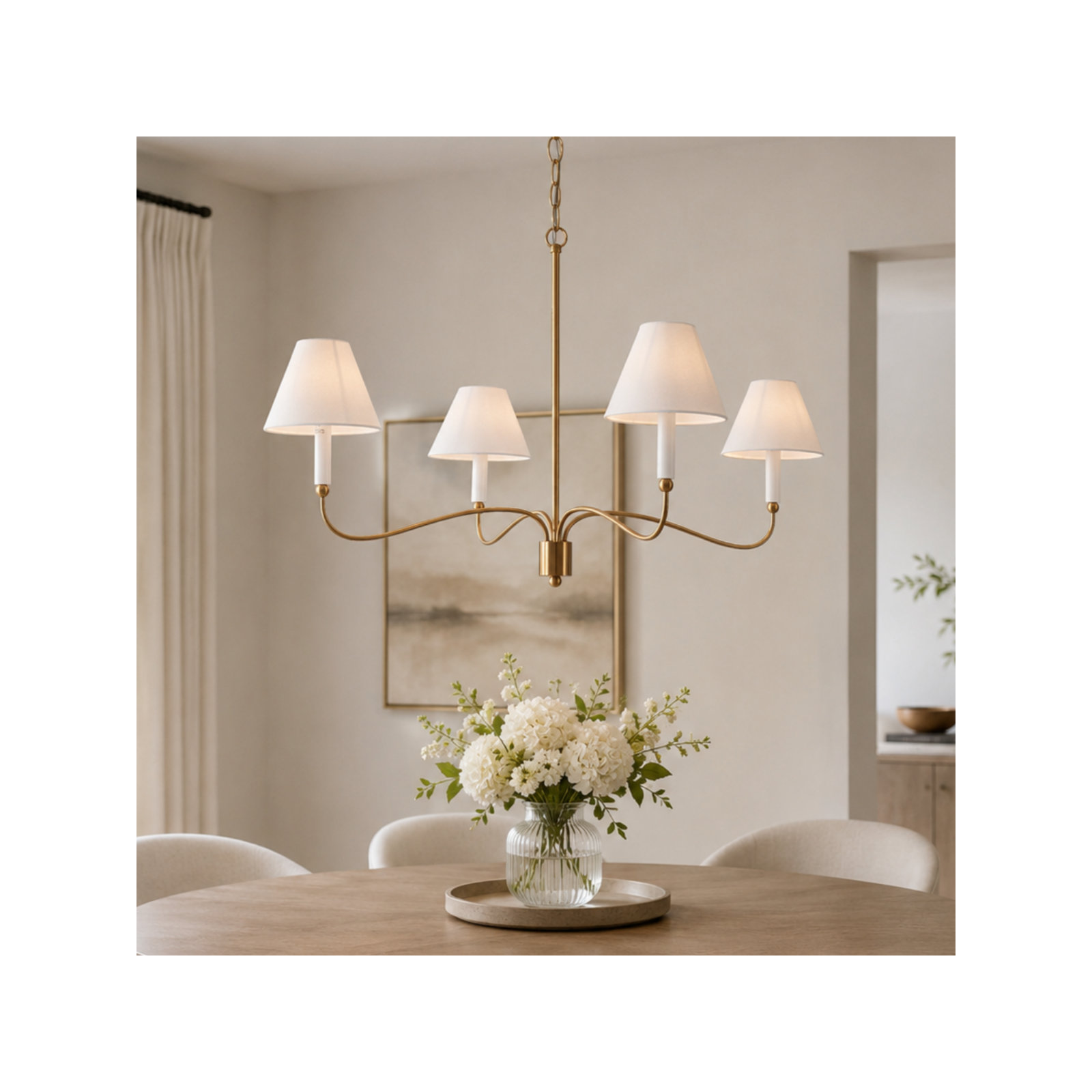4-Light Dimmable Classic / Traditional Fabric chandelier, Polished Brass