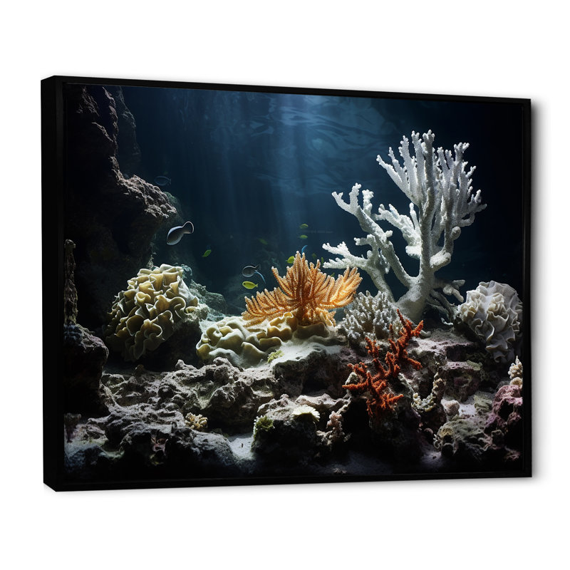 Impression d'art sur toile, "Deep Light On Coral Hidden Treasures III" - Plage et océan, Cadre flottant noir