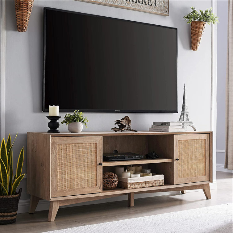 Linets TV Stand for 75+ Inch TV with Natural Rattan Door, Large Media Console with Adjustable Shelf