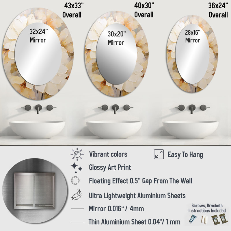 Miroir mural gracieux Rhododendron I - Beige, H 43 po x l 33 po
