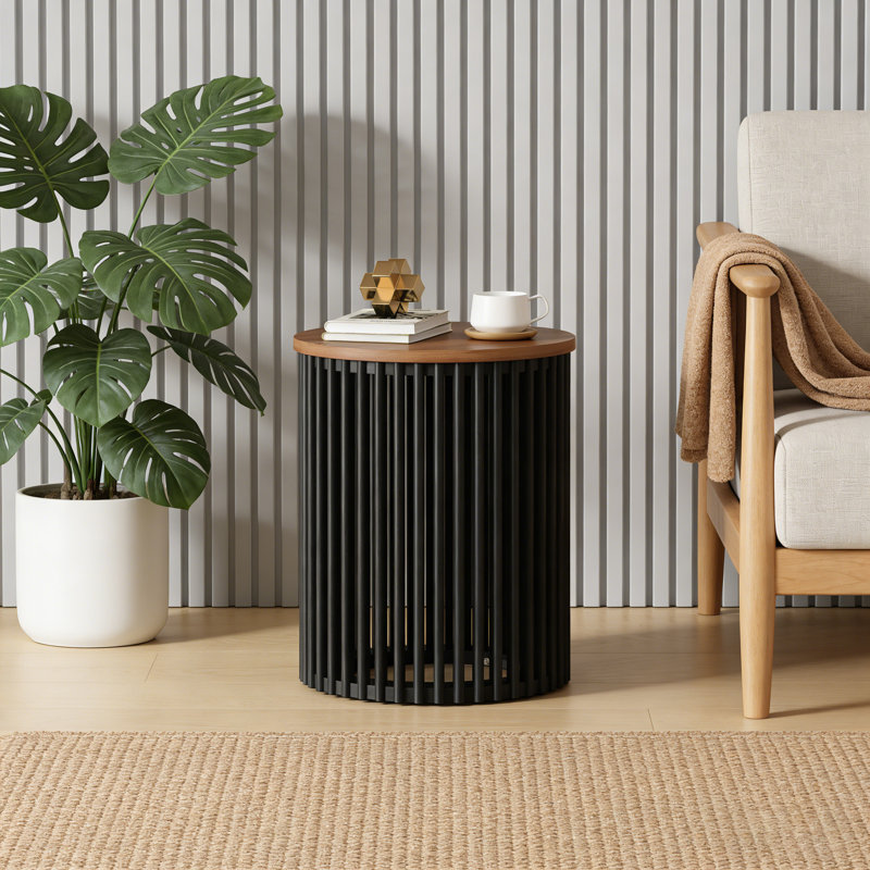 Table de bout ronde en bois d'acacia massif avec finition naturelle et noire 17,5 pouces pour le salon