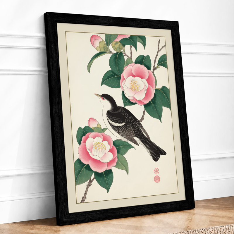 Bird Among Camellias Japandi - Framed Print, A2 - 59.4 x 42.0 cm, Black