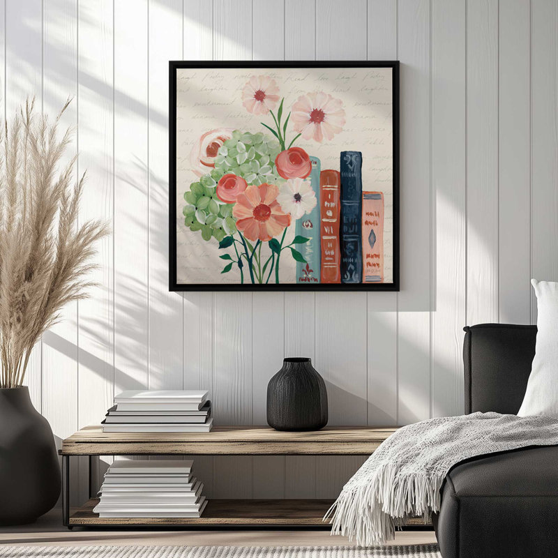 "Livres et fleurs I" par Yvette St. Amant, impression sur toile, H 12 po x l 12 po, Cadre flottant, Noir