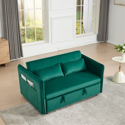 3 In 1 Convertible Sleeper Futon Sofa Bed, 55" Velvet Small Loveseat Lounge Couches With 2 Pillows, Reclining Backrest, Side Pockets For Living Room, Pull-Out Couch