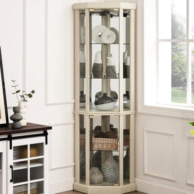 Antique White Curio Showcase, Lighted, 16.41 In. Square, + Glass, Functional Lighted Cabinet, Finish, Depth, Glass Doors, Versatile Storage