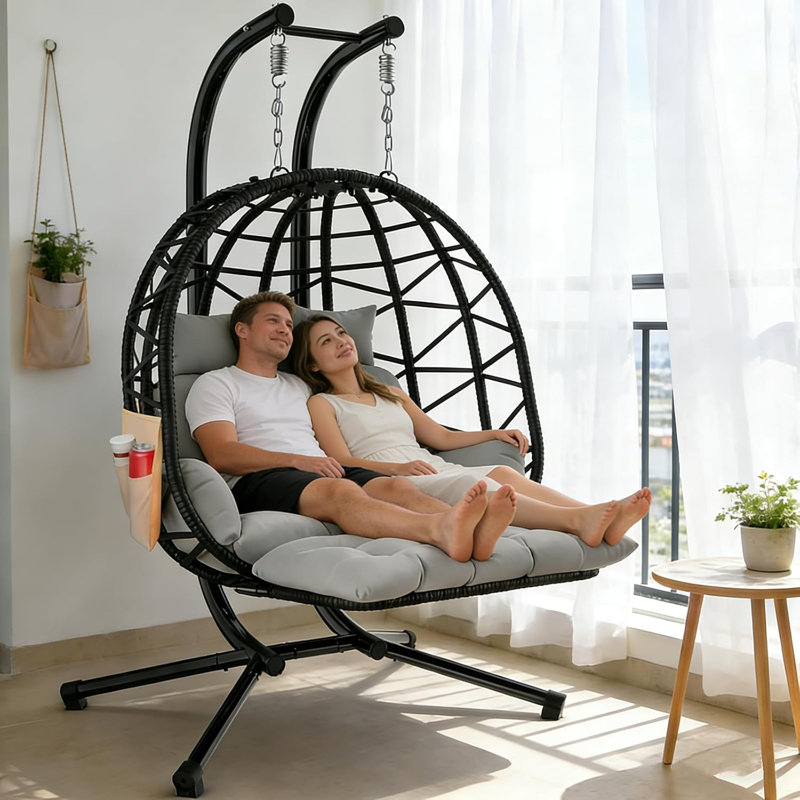  Fauteuil à œufs suspendu pour 2 personnes avec repose-pieds amovible et support, fauteuil en osier avec coussin