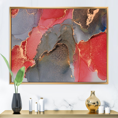 Gris et rouge, art abstrait fluide de luxe - peinture sur toile