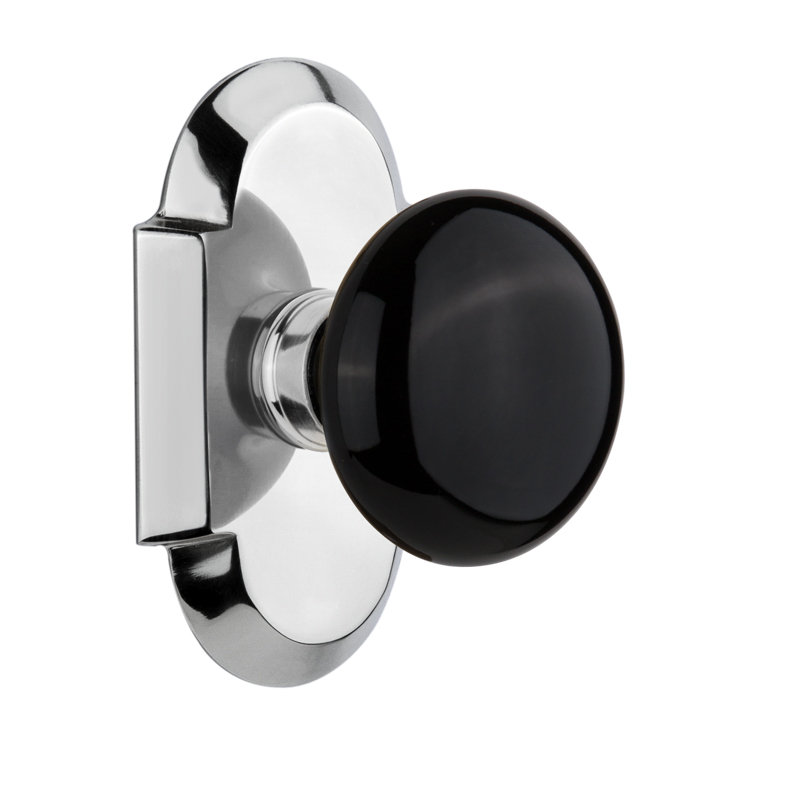 Plaque Cottage avec bouton de porte en porcelaine noire, Chrome brillant