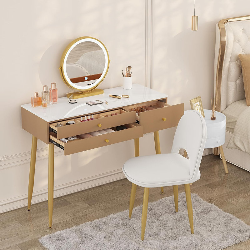 Etchemin Dressing Table with Mirror, Khaki/Gold