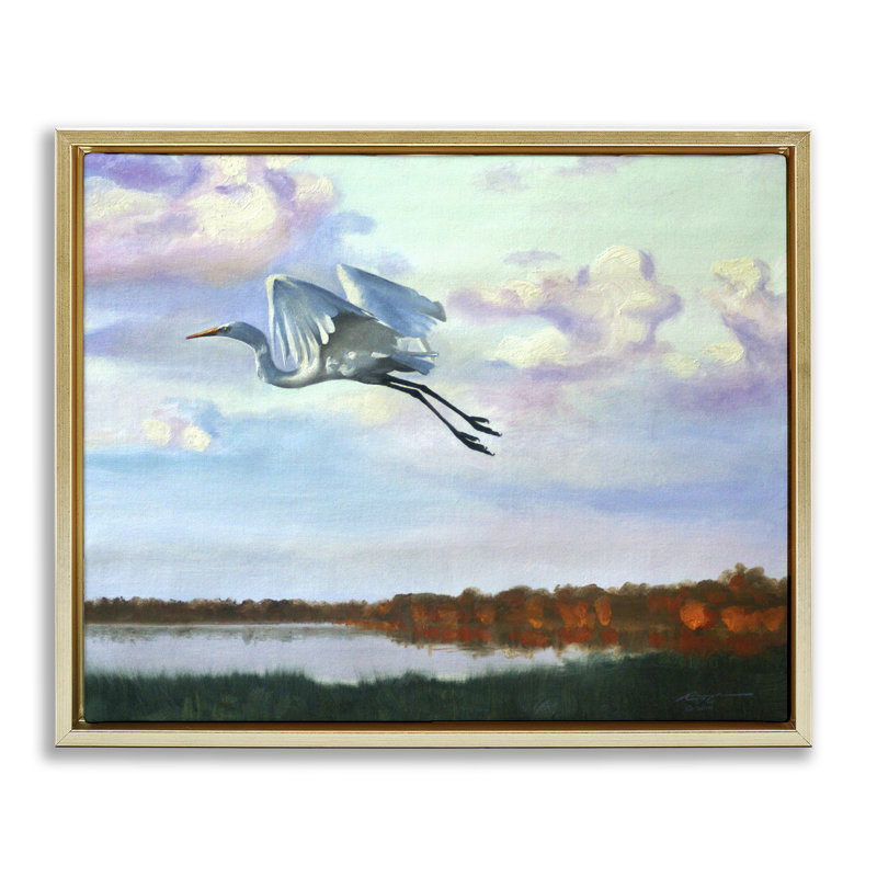 «Egret Over Lake Shore», art mural sur toile par D. Rust, H 25 po x l 31 po, Cadre flottant métallique doré
