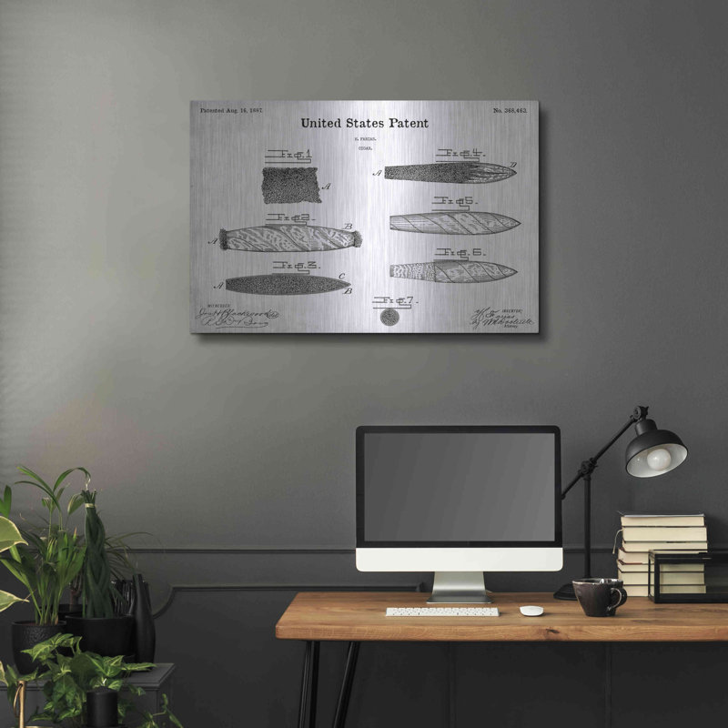 «Cigar Blueprint Vernis White», art mural en métal, 24 po x 16 po, H 24 po x l 36 po