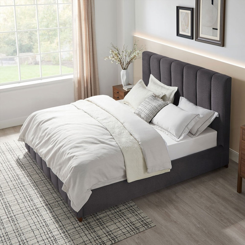 Structure de lit tapissier avec tête de lit Huybert Support de lattes en bois, aucun sommier requis, gris foncé, Lit simple