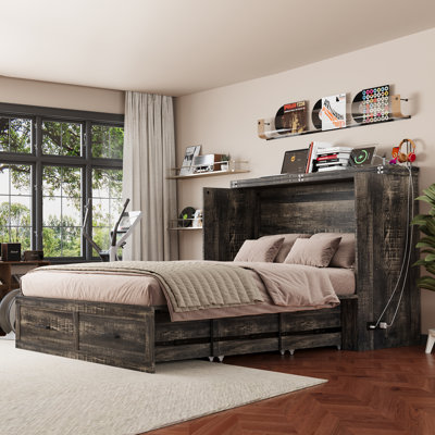 Grand lit escamotable avec station de charge, lit escamotable ferme avec grand tiroir de rangement, lit plateforme escamotable dissimulé pour chambre d'amis, salon, bureau, petite chambre, lit escamotable, rustique 