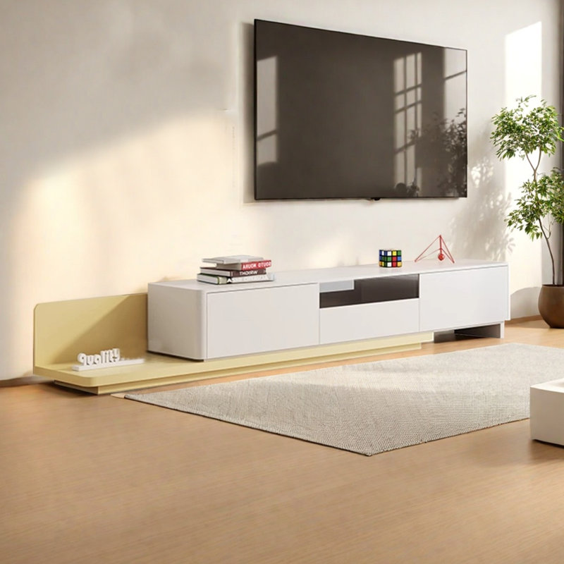 Meuble télé moderne en bois rétractable, Crème / jaune, H 11,81 po x L 78,74 po x l 15,75 po