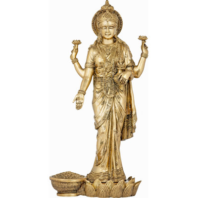 24" Haloed Standing Lakshmi Brass Statue | Handcrafted Hindu Goddess of Wealth Idol | Large Antique Gold Figurine for Home Altar & Prosperity