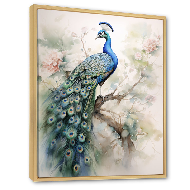 Baldassarre bleu encre délavée paon II - paon grand art mural, H 40 po x l 30 po, Cadre naturel flottant