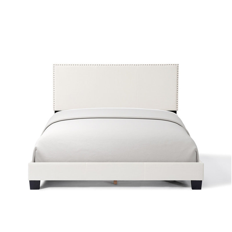 Lit plateforme tapissier en lin, lit double beige, Beige, Lit double