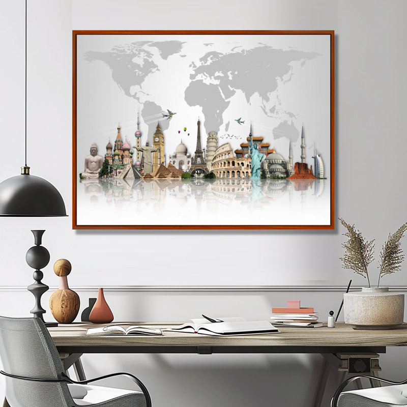 « Famous Monuments Across World », reproduction d'art graphique, H 12 po x l 20 po, Reproduction avec cadre flottant, Brun