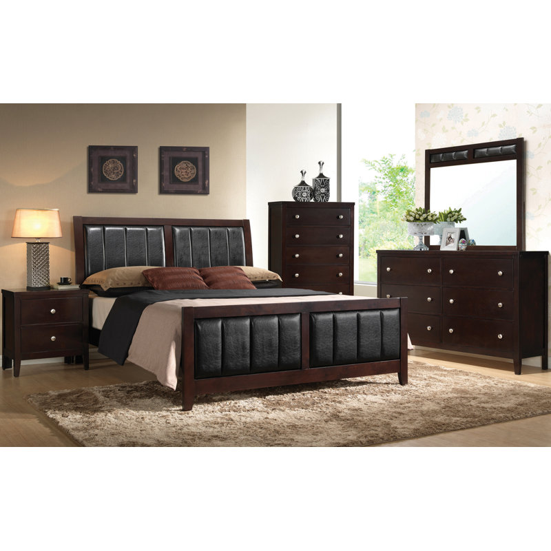 Hather 5 - Piece Bedroom Set, Queen, Cappuccino/Black, 5 Pieces: Bed, Nightstand, Dresser, Mirror,Chest