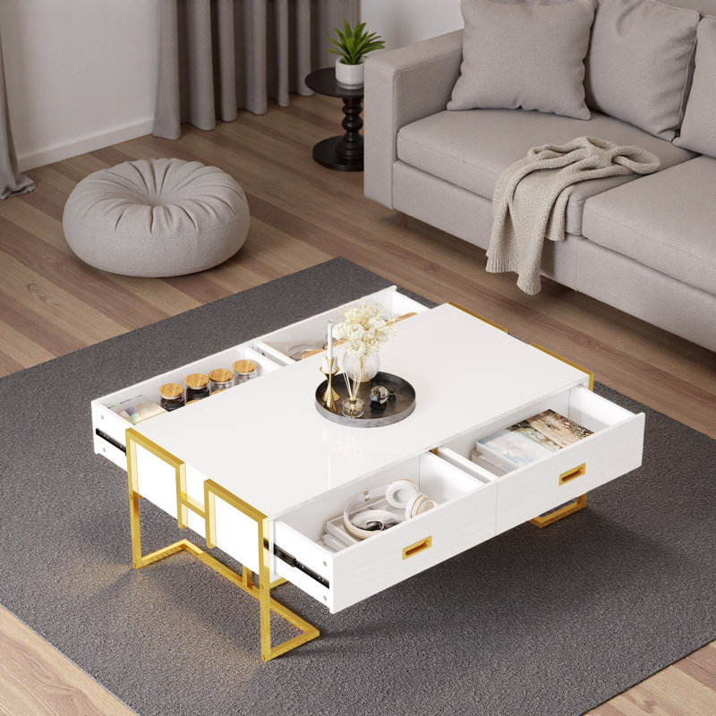 Table basse moderne moderne avec 4 tiroirs et base dorée, Blanc