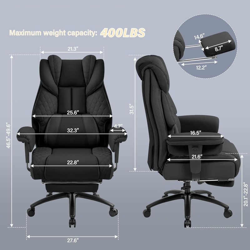Grande et grande chaise de bureau 400 lb avec repose-pieds et soutien à la taille, noir