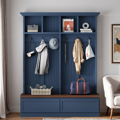 Farmhouse Hall Tree With Wood Grain Bench, Coat Rack, 2 Large Drawers And Open Storage Space