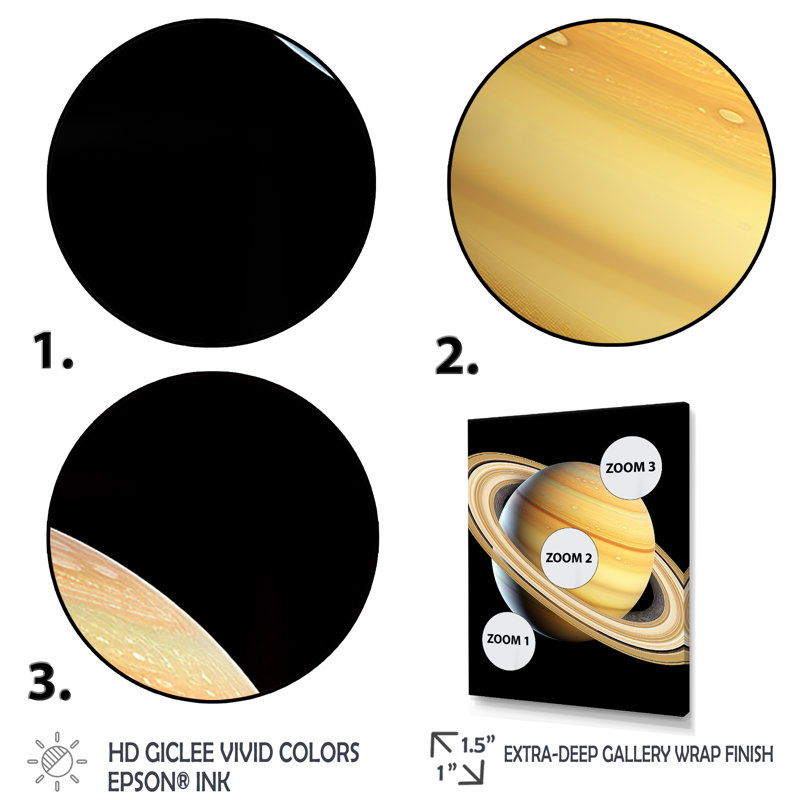 Beige et noir, planète Saturne, Cadre flottant noir, H 40 po x l 30 po x P 1,5 po