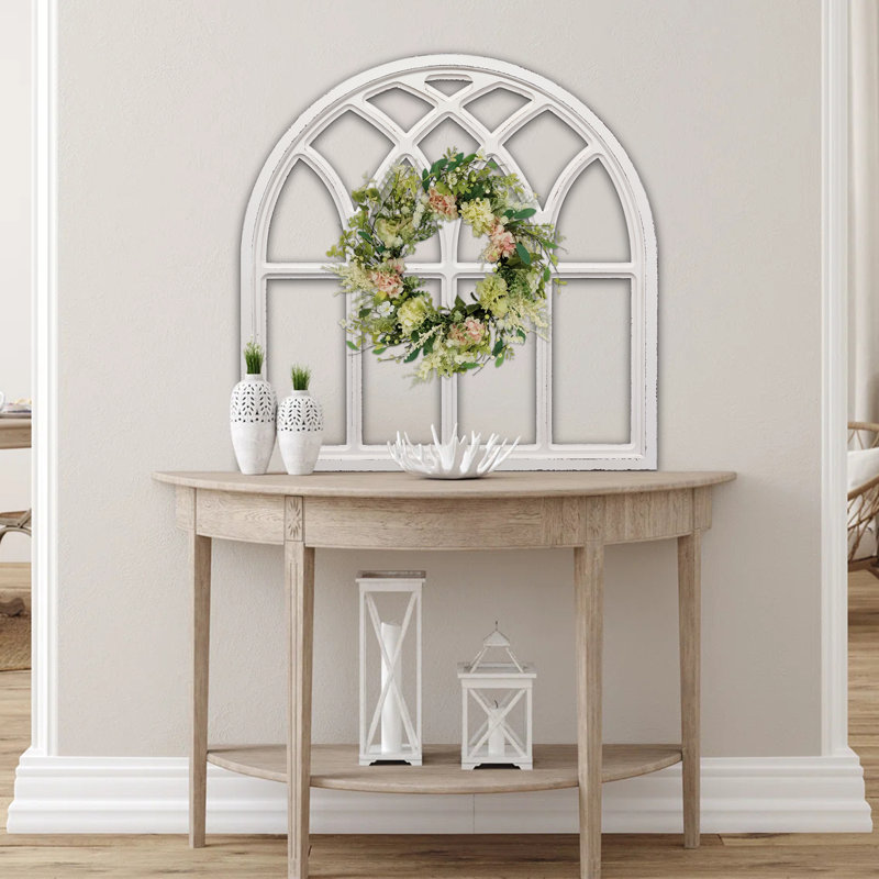 32 Inch Distressed White Wood Arched Window Frame Wall Decor, Handmade Rustic Window Pane