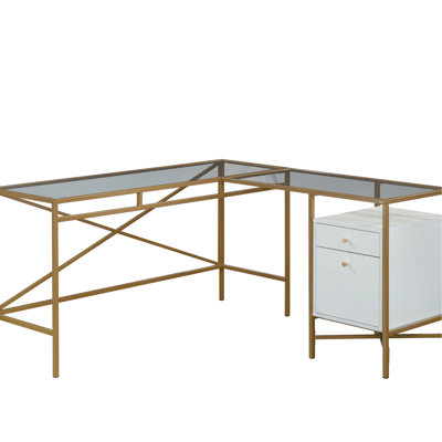 Bureau d'angle blanc en forme de L, au design moderne et doté d'un élégant plateau en verre, offrant une surface spacieuse pour un ordinateur portable et du matériel d'étude. Idéal pour un bureau à domicile ou un espace de jeu. Comprend deux tiroirs à rallonge et une tablette ouverte pour le rangement.