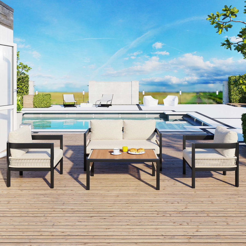 Outdoor Iron Sofa Set with Waterproof Rattan and Sturdy Construction for Gardens, Beige