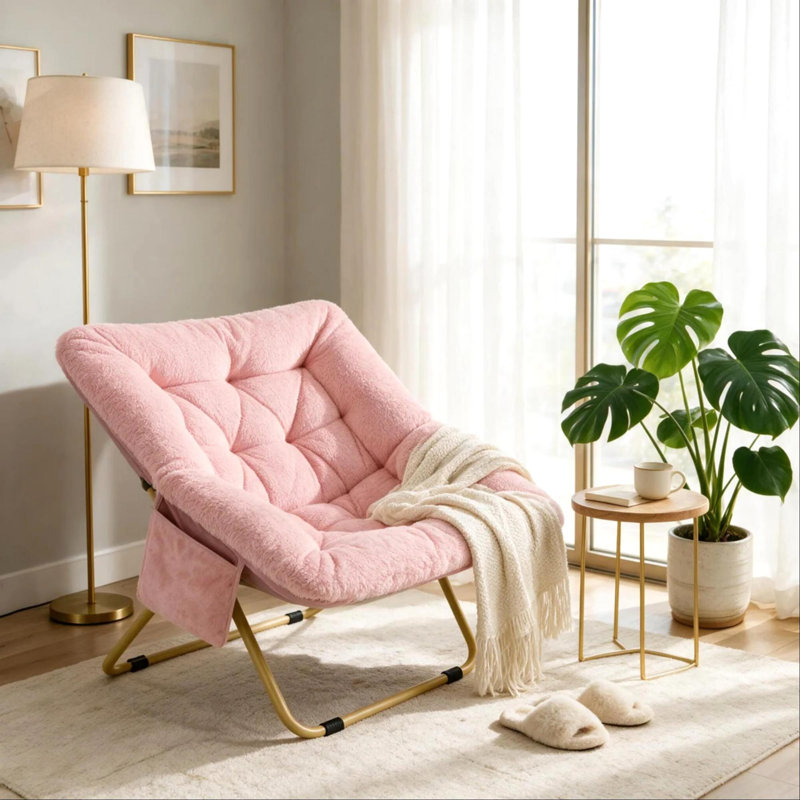 Comfy Saucer Chair, Foldable Lounge Chair, Soft Faux Fur Reading Chair For Teens Adults, Folding Lazy Chair/moon Chair For Living Room, Bedroom, Dorms, X-large Pink