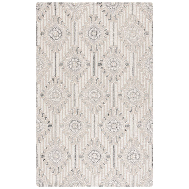 Maevry 405 Hand Tufted Wool/Cotton Damask Rug in Beige/Ivory, Rectangle 4' x 6'