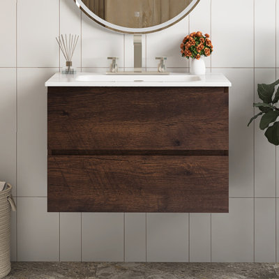 Meuble-lavabo mural 30 po avec lavabo en céramique et trois trous de robinet