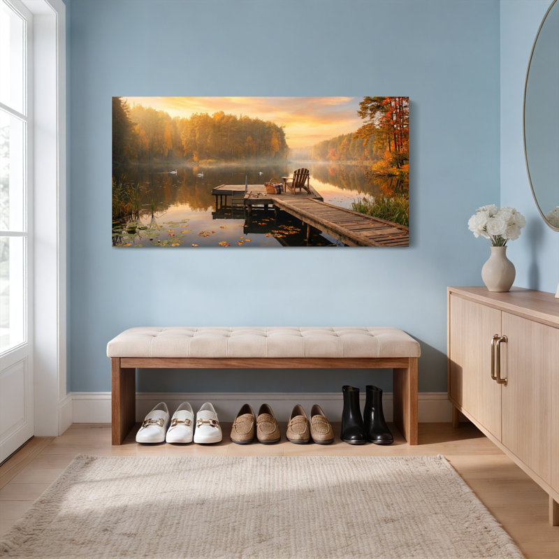 Tableau sur toile tendue représentant un paysage de quai au bord d'un lac d'automne (lot de 1), H 28 po x l 58 po