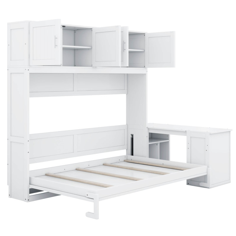 Queen Size Murphy Bed With Desk And Shelves, Modern Wall Bed With Big Cabinets, White