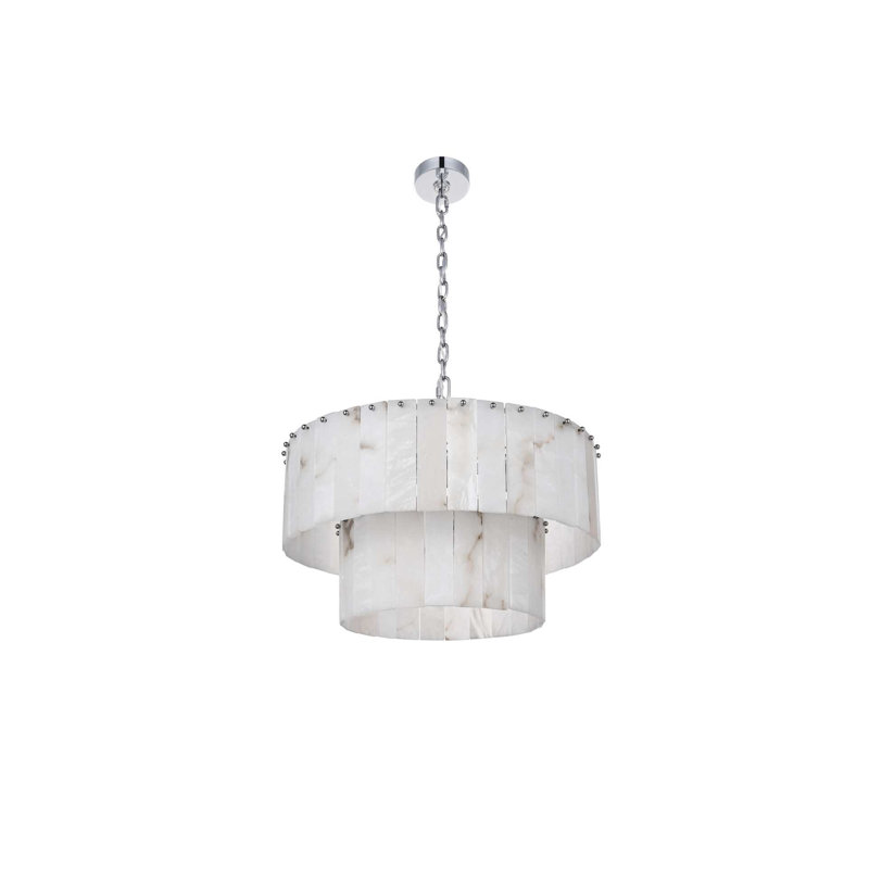Lustre en albâtre 24 pouces Intisar, H 14 po x l 24 po x P 24 po, Chrome chrome, 12 lumières