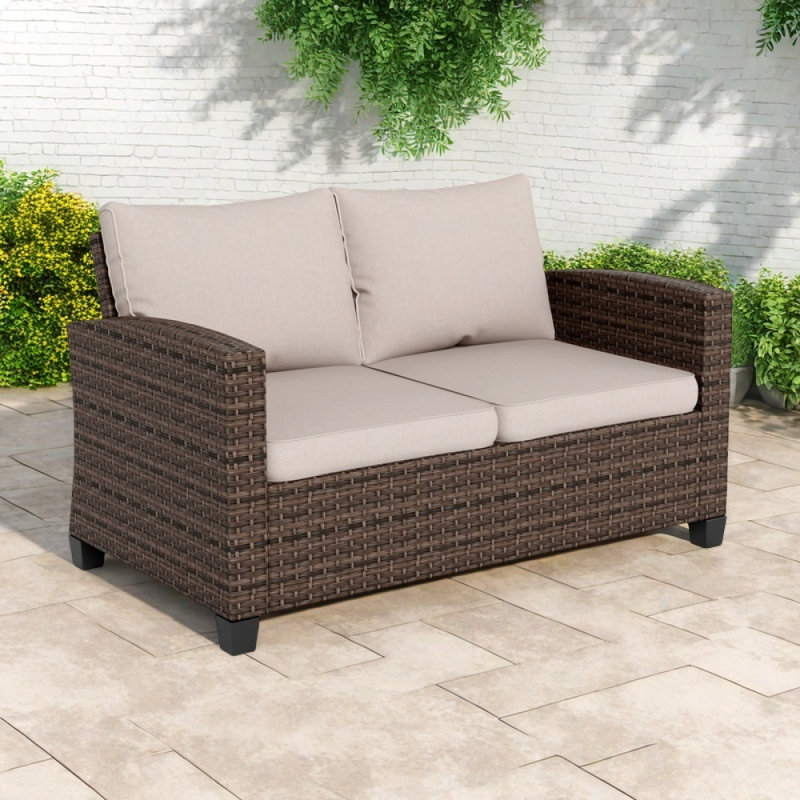 Causeuse d'extérieur en osier avec coussins Ameliah, Beige