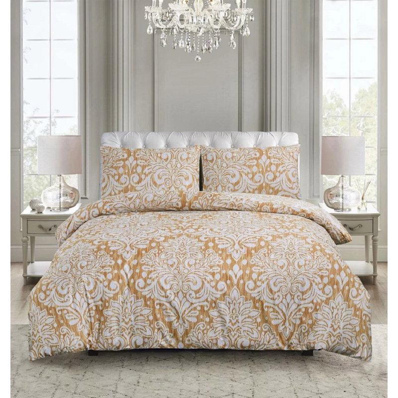 Cotton Duvet Cover Set with Pillowcases Included, Kingsize Duvet Cover Set + 2 Standard Pillowcases, Gold Damask