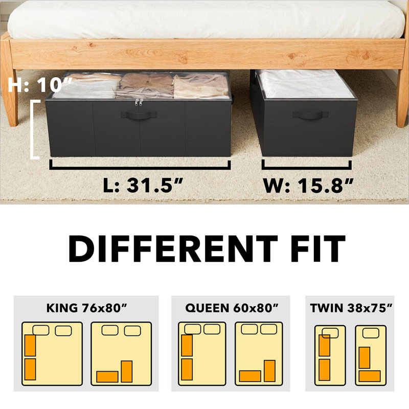 Paquet de 2, 2 bacs de rangement sous le lit, grands bacs de rangement sous le lit avec couvercles, noir, Noir