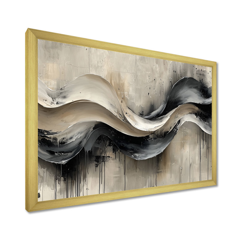 Gris sur fond blanc l'encre rythmique de la rivière à encre IV - Art abstrait de vagues modernes, Cadre simple, Doré