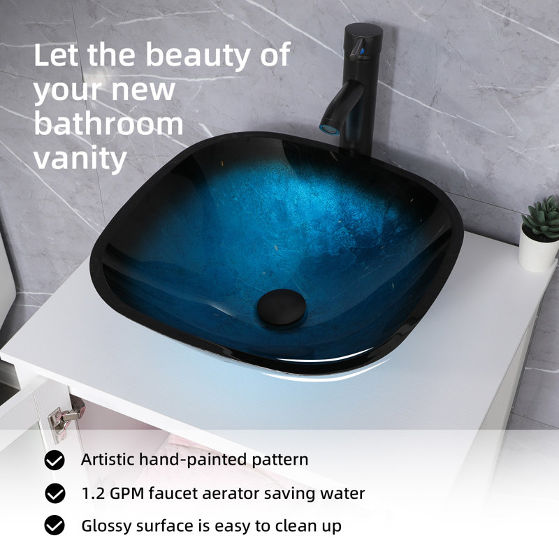 60'' Double Bathroom Vanity with Manufactured Wood Top, Glass Vessel Sink, Faucet, Drain, Black/Blue, White